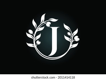 Initial letter J sign symbol with olive branch wreath. Round floral frame made by the olive branch. Agriculture industry logo design vector template. Olive oil label