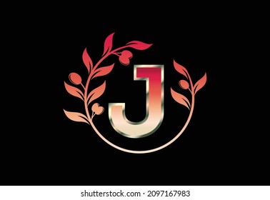 Initial letter J sign symbol with olive branch wreath, Round floral frame made by the olive branch
