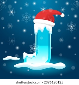 Initial Letter J with snowflake and Santa hat element, snow lettering template vector illustration. Alphabet with snow vector template.  Winter text vector usable for New Year or Christmas.