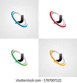initial letter J swoosh ring company logo blue red green orange black grey