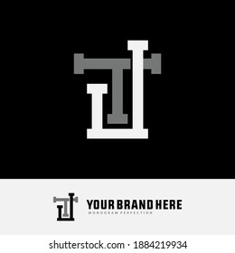 Initial letter J, T, JT or TJ overlapping, interlock, monogram logo, white and gray color on black background