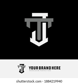 Initial letter J, T, JT or TJ overlapping, interlock, monogram logo, white and gray color on black background