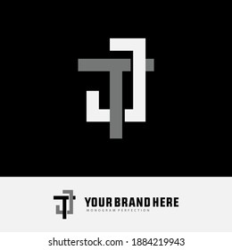 Initial letter J, T, JT or TJ overlapping, interlock, monogram logo, white and gray color on black background