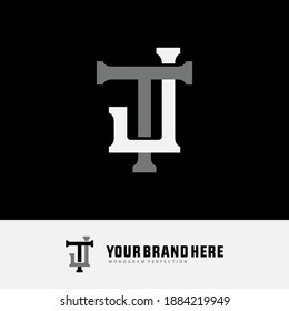 Initial letter J, T, JT or TJ overlapping, interlock, monogram logo, white and gray color on black background