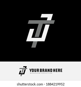 Initial letter J, T, JT or TJ overlapping, interlock, monogram logo, white and gray color on black background