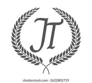 Letra inicial J y T, diseño del logotipo del monograma de JT con corona de laurel. Fuente de caligrafía de lujo.