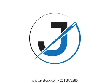 Initial Letter J With Tailor Logo, Needle and Thread Combination for Embroidery, Textile, Fashion, Cloth, Fabric Template.