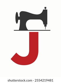 Initial Letter J Tailor Logo Design with Tailoring Machine Symbol Concept For Embroider, Textile, Cloth and Fabric Template