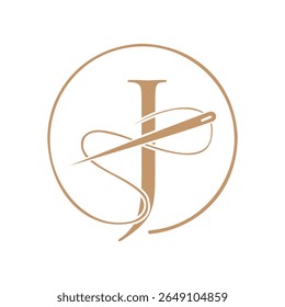 Letra inicial J logotipo alfaiate, agulha e logotipo de linha para vestuário, bordado, têxtil, moda, pano, sinal de tecido
