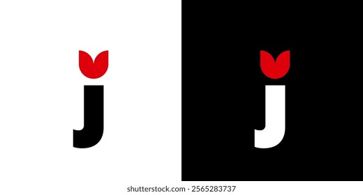 Initial letter J tulip love heart book logo template black white red	