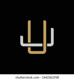 Initial letter J and U, JU, UJ, overlapping interlock logo, monogram line art style, silver gold on black background