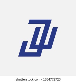 Letra inicial J, U, JU o UJ superpuesta, interbloqueo, logotipo monograma, color azul sobre fondo blanco