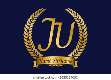 Initial letter J and U, JU monogram logo design with laurel wreath. Luxury golden calligraphy font.