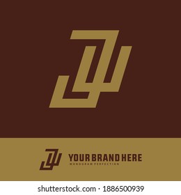 Initial letter J, U or UJ overlapping, interlock, monogram logo, gold color on brown background