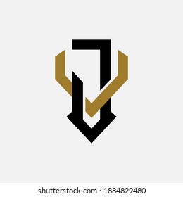 Initial letter J, V, JV or VJ overlapping, interlock, monogram logo, black and gold color on white background