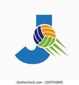 Initial Letter J Volleyball Logo Concept With Moving Volley Ball Icon. Volleyball Sports Logotype Symbol Vector Template