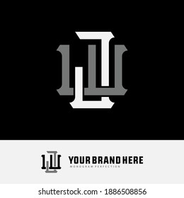 Initial letter J, W, or WJ overlapping, interlock, monogram logo, white and gray color on black background