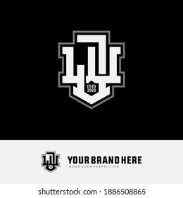 Initial letter J, W, or WJ overlapping, interlock, monogram logo, white and gray color on black background
