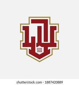 Initial letter J, W, or WJ overlapping, interlock, monogram logo, red and gold color on white background