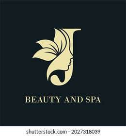 Initial Letter J With Woman Female Face and Leaves for Beauty Spa Cosmetic Salon and natural Skin care Business Logo Concept Design