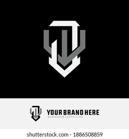 Initial letter J, W,or WJ overlapping, interlock, monogram logo, white and gray color on black background
