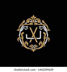 Initial letter J and X, JX, XJ, decorative ornament emblem badge, overlapping monogram logo, elegant luxury silver gold color on black background
