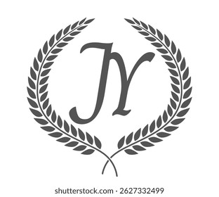 Initial letter J and Y, JY monogram logo design with laurel wreath. Luxury calligraphy font.