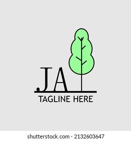 Letra inicial JA con el logo del árbol verde. Mínimo, sencillo y único.