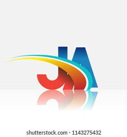 initial letter JA logotype company name colored red and blue and swoosh design. vector logo for business and company identity.
