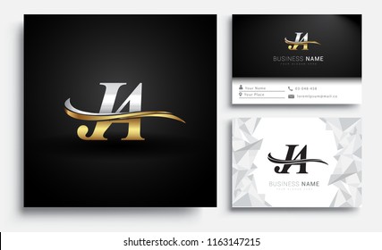 initial letter JA logotype company name colored gold and silver swoosh design. Vector sets for business identity on white background.