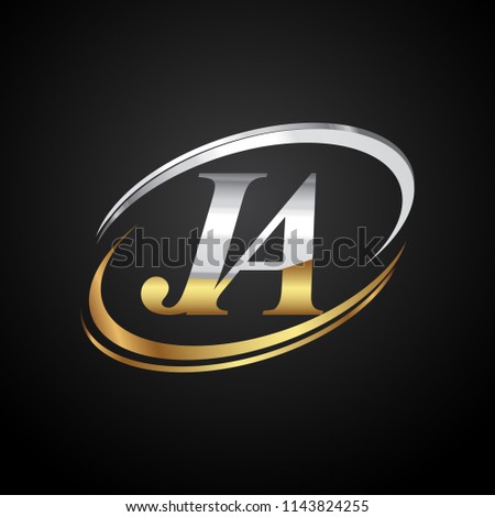 initial letter JA logotype company name colored gold and silver swoosh design. isolated on black background.