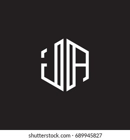 Initial letter JA, minimalist line art monogram hexagon shape logo, white color on black background