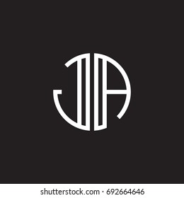 Initial letter JA, minimalist line art monogram circle shape logo, white color on black background