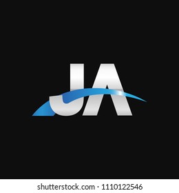 Initial letter JA, overlapping movement swoosh logo, metal silver blue color on black background