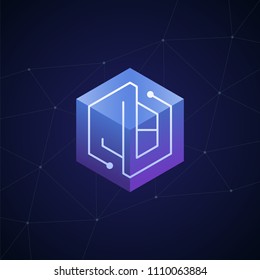 Initial letter JB, block chain, looping mono line circuit letter on hexagon cube logo, blue magenta gradient color on black blue network background
