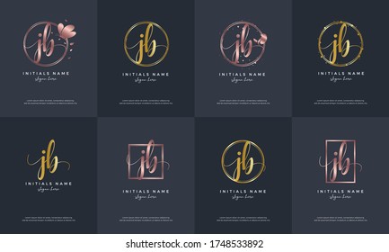 initial letter JB J B handwriting logo set design template with bird, butterfly, circular, square, rectangular on feminine style.