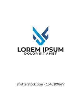 Initial letter JC or JK logo template with modern fox head symbol in flat design monogram illustration