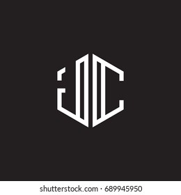 Initial letter JC, minimalist line art monogram hexagon shape logo, white color on black background