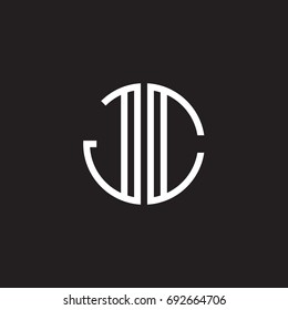 Initial letter JC, minimalist line art monogram circle shape logo, white color on black background