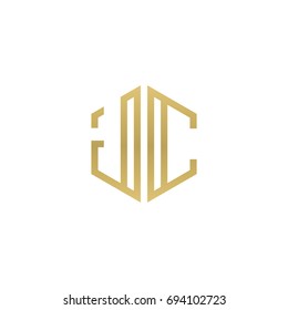 Initial letter JC, minimalist line art hexagon shape logo, gold color