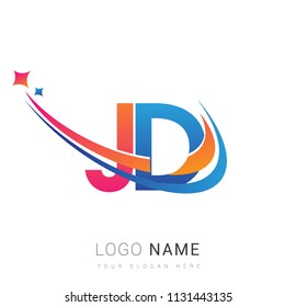 initial letter JD logotype company name colored orange, red and blue swoosh star design. vector logo for business and company identity.