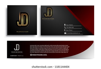 initial letter JD logotype company name colored gold elegant design. Vector sets for business identity on black background.