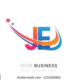 initial letter JE logotype company name colored orange, red and blue swoosh star design. vector logo for business and company identity.