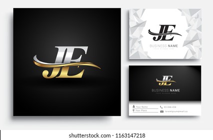 initial letter JE logotype company name colored gold and silver swoosh design. Vector sets for business identity on white background.