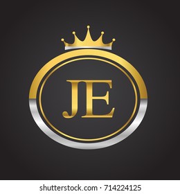 initial letter JE logotype company name with oval shape and crown, gold and silver color. vector logo for business and company identity.