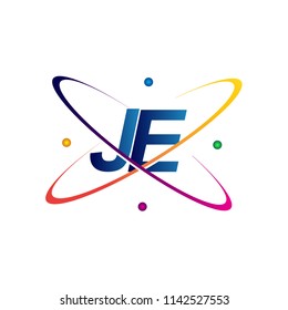initial letter JE logotype science icon colored blue, red, green and yellow swoosh design. vector logo for business and company identity.
