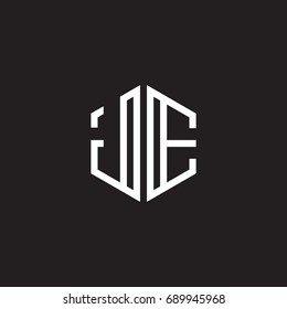 Initial letter JE, minimalist line art monogram hexagon shape logo, white color on black background