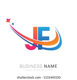 initial letter JF logotype company name colored orange, red and blue swoosh star design. vector logo for business and company identity.