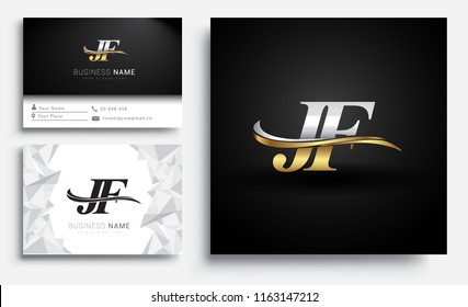 initial letter JF logotype company name colored gold and silver swoosh design. Vector sets for business identity on white background.