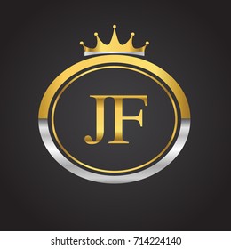 initial letter JF logotype company name with oval shape and crown, gold and silver color. vector logo for business and company identity.